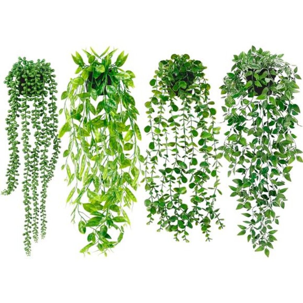 Artificial Hanging Plants for Shelf, 4 Pack Fake Potted Greenery Faux
